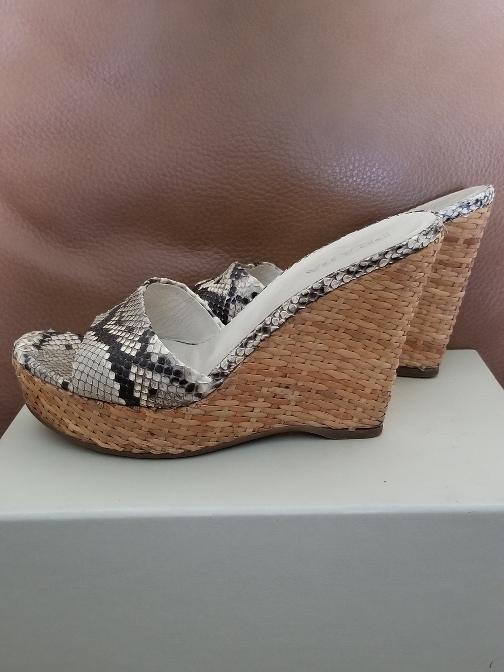 Prada Snake-Print Woven Platform Slide Sandals - White/Brown - Picture 4 of 8